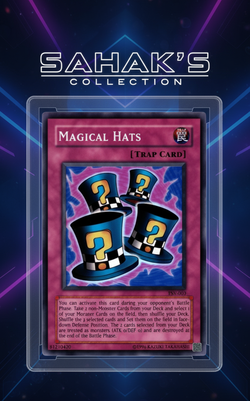Trading card featuring 'Magical Hats' from Yu-Gi-Oh! with a PSA grading label on top.