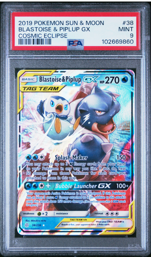 2019 Pokemon Sun & Moon Blastoise & Piplup GX Cosmic Eclipse PSA 9