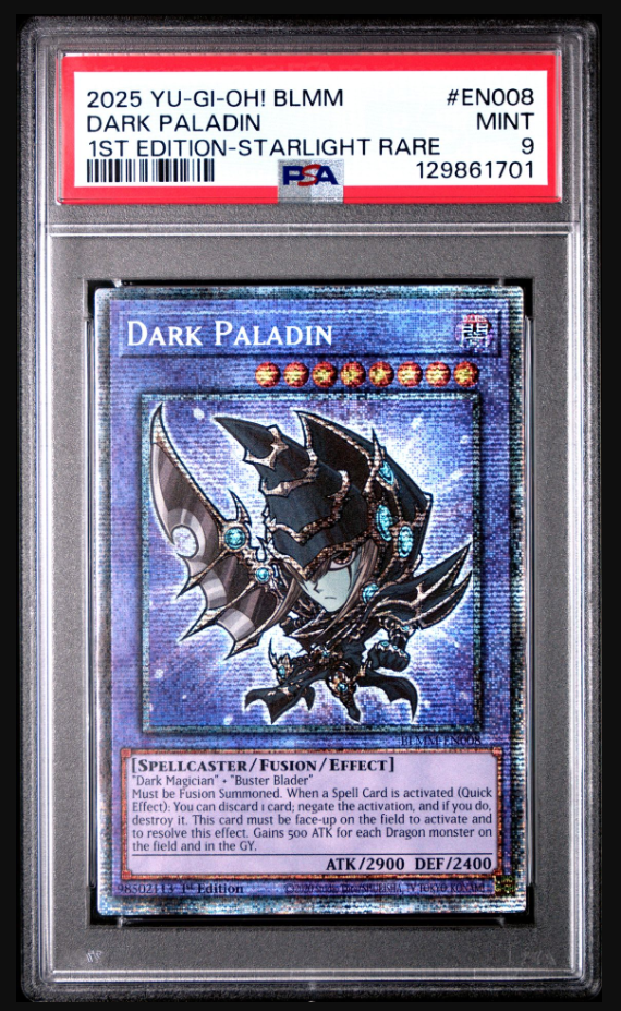 Trading card of 'Dark Paladin' from Yu-Gi-Oh! in a protective frame with PSA grading information.