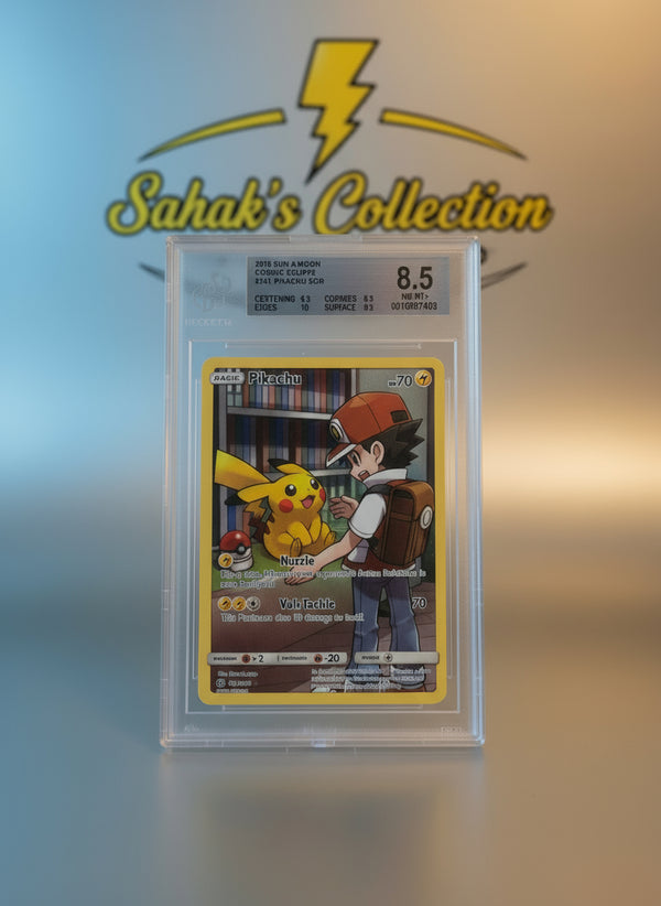 Pokémon trading card featuring Pikachu and a character, graded 8.5 by BGS.