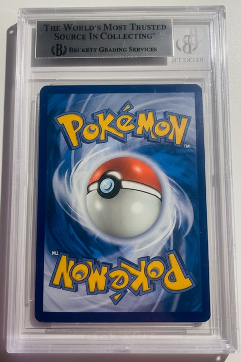 Pokémon trading card in a protective case with a grading label