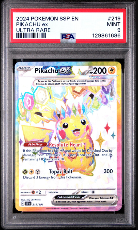 2024 POKEMON SSP EN-SURGING SPARKS 219 PIKACHU EX ULTRA RARE PSA 9